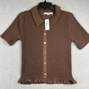 LOFT Shirt Womens Small Brown Textured Button Front Ruffle Hem Knit Top NWT